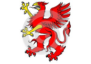 Araldic logo representing a red griffin passant