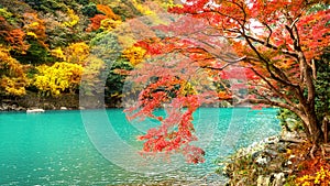 Arashiyama in autumn season along the river in Kyoto, Japan