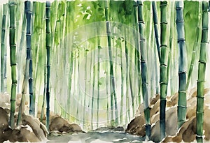 Arashiyama bamboo forest watercolor in kyoto japan