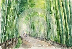 Arashiyama bamboo forest watercolor in kyoto japan