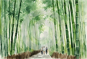 Arashiyama bamboo forest watercolor in kyoto japan