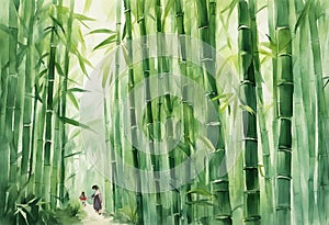 Arashiyama bamboo forest watercolor in kyoto japan