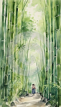 Arashiyama bamboo forest watercolor in kyoto japan