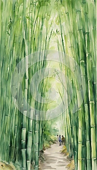 Arashiyama bamboo forest watercolor in kyoto japan