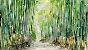 Arashiyama bamboo forest watercolor in kyoto japan