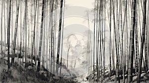 Arashiyama Bamboo Grove illustration in black and white pencil sketch - made with Generative AI tools