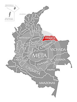 Arauca red highlighted in map of Colombia photo