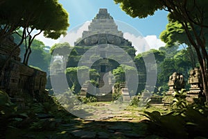 Arawak ruins, Quechua ruins. Vast tropical rain forest. Lush jungle. Blue sky. Fantasy forest. Pyramid temple entrance photo