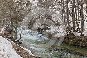 Arazas river in Ordesa y Monte Perdido national park with snow photo