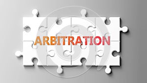 Arbitration complex like a puzzle - pictured as word arbitration on a puzzle pieces