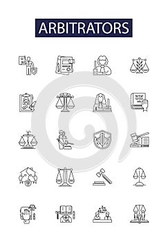 Arbitrators line vector icons and signs. Mediators, Umpires, Adjudicators, Negotiators, Assessors, Conciliators, Judges