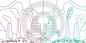 Ð¡arbon neutral in outline. Plant, factory with industrial smog and without dirty polluting, comparison. Concept