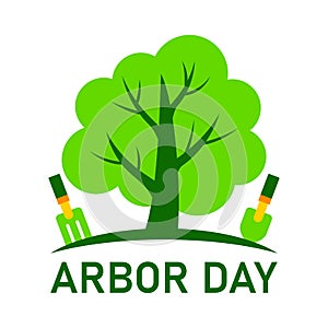 Arbor Day symbol or icon with planting Green tree and shovel illustration