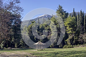 Arbor on a green lawn in the mountains
