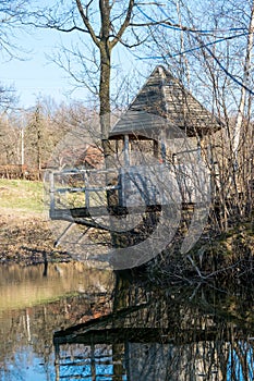 Arbor by the pond in spring