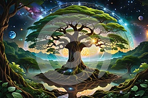 Arboreal Symphony: Majestic Tree of Life, Roots and Branches Intertwining Between Earthly Domain and Celestial Sphere