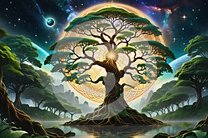 Arboreal Symphony: Majestic Tree of Life, Roots and Branches Intertwining Between Earthly Domain and Celestial Sphere