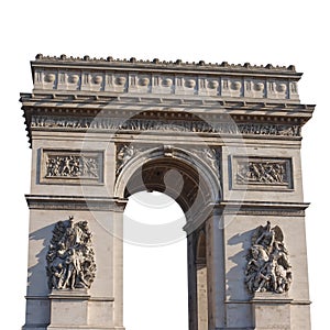 The Arc de Triomphe de l`Etoile isolated on white background. It is one of the most famous monuments in Paris, France
