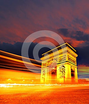 Arc de Triomphe at night in Paris, France