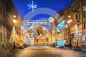 The Arc de Triomphe at Palace Square in St. Petersburg and New Year`s decorations