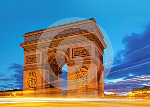 Arc de Triomphe in Paris, France at Dusk