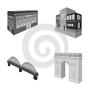 Arc de Triomphe in Paris, Reinforced bridge, cafe building, House in Scandinavian style. Architectural building set