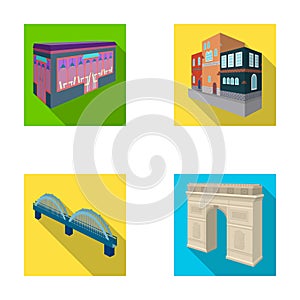 Arc de Triomphe in Paris, Reinforced bridge, cafe building, House in Scandinavian style. Architectural building set