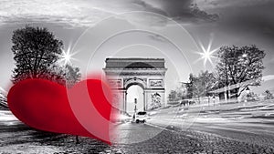 Arc de Triumph against red heart on Champs-Elysees street, Happy Valentine`s Day, Paris in love, France