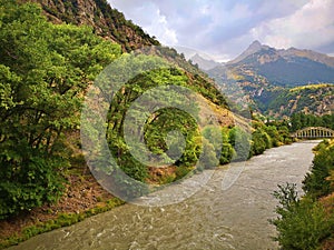 The Arc river from the city of Modane, France