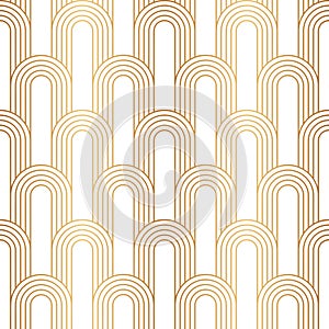 Arc seamless pattern. Repeating circle arch. Gold art deco. Golden background. Repeated geometric design prints. Rainbow circular