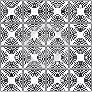 Arc shaped lines in the square grid. Abstract vector background.