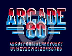 Arcade 80 alphabet font. Pixel letters and numbers.