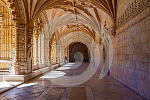 Arcade of the cloister of the mosteiro dos Jeronimos at Belem, Lisbon, Portugal