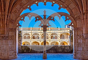 Arcade of the cloister of the mosteiro dos Jeronimos at Belem, Lisbon, Portugal