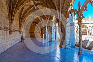 Arcade of the cloister of the mosteiro dos Jeronimos at Belem, Lisbon, Portugal