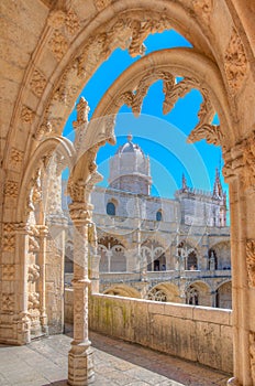 Arcade of the cloister of the mosteiro dos Jeronimos at Belem, Lisbon, Portugal