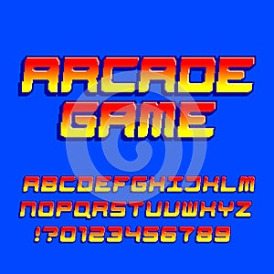 Arcade computer game alphabet font. Pixel gradient oblique letters and numbers.