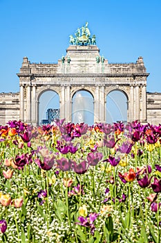 The arcade du Cinquantenaire on a sunny day  in Brussels, Belgium, with flowers in the foreground