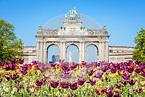 The arcade du Cinquantenaire on a sunny day  in Brussels, Belgium, with flowers in the foreground