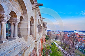 The arcade of Fisherman\'s Bastion and Budapest roofs, Hungary