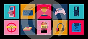 Arcade game icons. Retro joystick and headphones. VR controller logo. 80s or 90s video gaming trophy. Slot machine