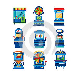 Arcade game machines set, retro casino slot gaming computer machinery vector Illustrations on a white background