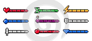 Arcade game progress bar. 8-bit indicators of health and stamina, money or energy. Gaming experience infographic. Weapon