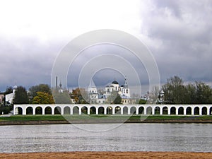 Arcade of Gostiny Dvor on the banks of the Volkhov River. Velikiy Novgorod.