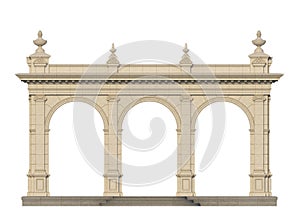 Arcade with ionic pilasters in classic style. 3d render