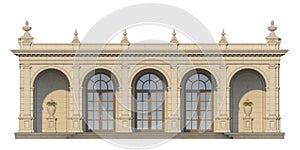 Arcade with ionic pilasters in classic style. 3d render