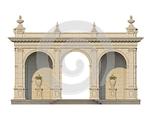 Arcade with ionic pilasters in classic style. 3d render
