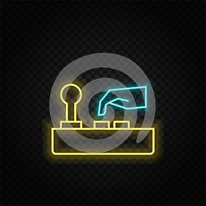 Arcade, joystick, game neon icon. Blue and yellow neon vector icon