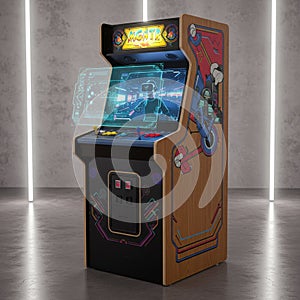 Arcade machine with a retro design, featuring vibrant graphics on the side panel. The