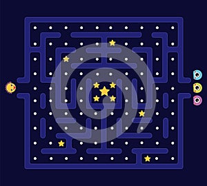 Arcade maze. Pacman background, pac man retro video computer game. Labyrinth defender and monsters. Kids app play in 80s photo
